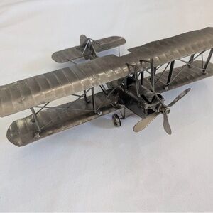 Vintage Metal Biplane Airplane Model Sculpture – Handcrafted Steel Decor Display